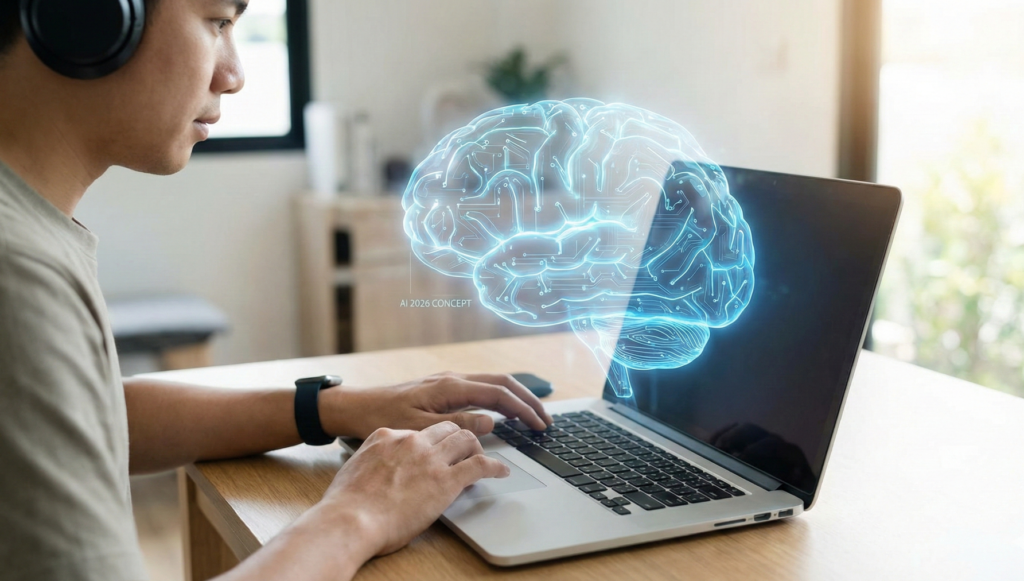 Person using laptop with AI brain hologram 2026 concept